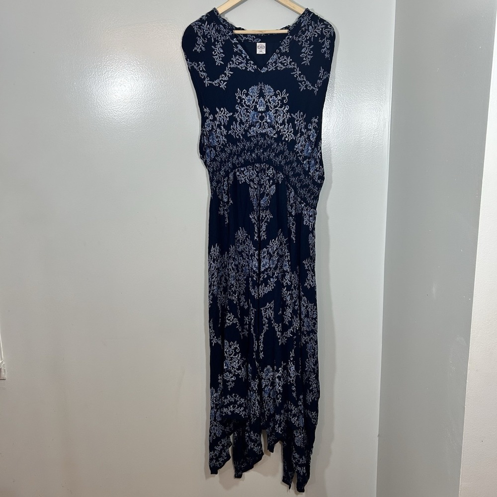 Bila Boho Floral Maxi Dress Blue Handkerchief Hem Size XXL Cinched Waist
